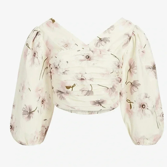Express Floral Puff Sleeve Ruched Cropped Top NWT - Picture 1 of 14
